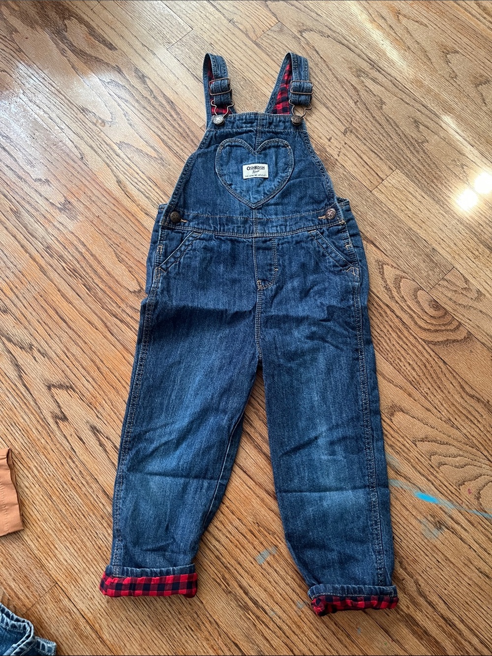OshKosh B'gosh Dark Blue Denim Overalls with Red Plaid Trim